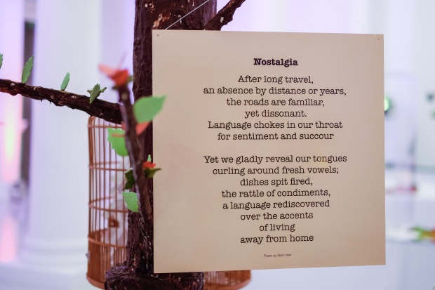 Chocolate tree with ‘Birdcage Totem’ – Nicola Anthony and ‘Nostalgia’ poem by Marc Nair 